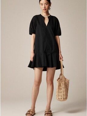 J. Crew | Women’s Black Short Pleated Puff Sleeve VNeck Ruffle-Hem Mini Dress XS